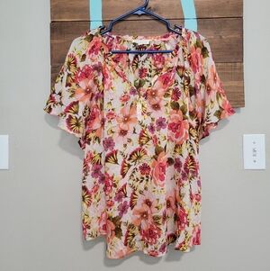 Fig And Flower Floral Print Short Flare Sleeves Lightweight Spring Top Size 1X